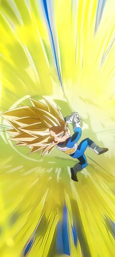 a cartoon character flying through the air with bright yellow and blue streaks in front of him