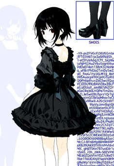 an anime character in black dress and high heeled shoes with text describing the story