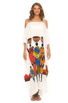 Show off your shoulders with this well-crafted long kaftan dress. Hand-painted tribal designs make this a one-of-a-kind pull-on dress. Have some fun with your wardrobe and slip into this very soft and lightweight dress. Hand-painted tribal design Cold-shoulder sleeves Soft and lightweight rayon material Hand wash cold, hag to dry. Bohemian Off-shoulder Maxi Dress For Beach Season, African Attire For Women, Long Beach Cover Up, Plus Size Caftan, Dashiki Outfit, Long Kaftan Dress, Kaftan Maxi Dress, Long Kaftan, Split Maxi Dress