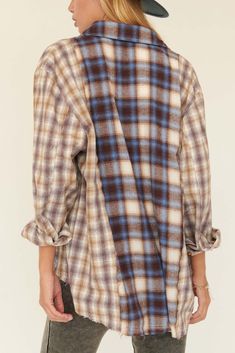 Colorblock plaid shirt. Collared neckline. Button-front closure with tortoise buttons. Long sleeves with buttoned cuffs. Buttoned chest pockets. Frayed, raw-edge detailing throughout. Curved shirttail hem. Loose fit. 100% Cotton. Imported. Designed in LA. Model wears size S. Brown Tops With Placket For Fall, Flannel Button-up Tops For Casual Gatherings, Flannel Top With Snap Buttons And Collared Shape, Plaid Tops With Snap Buttons For Work, Fall Plaid Shirt With Placket, Plaid Fall Shirt With Placket, Plaid Button-up Tops, Plaid Button-up Top For Casual Gatherings, Plaid Shirt With Placket For Fall