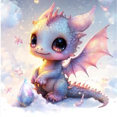 a cute little dragon sitting on top of a cloud