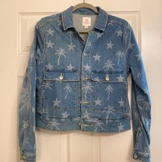 Never Worn! New Without Tags Size Medium Medium Denim Blue Jacket With Palm Trees And Stars Print Trendy Denim Jacket With Star Print For Spring, Trendy Denim Jacket With Star Print, Casual Winter Denim Jacket With Star Print, Casual Denim Jacket With Star Print, Casual Star Print Denim Jacket, Casual Denim Jacket With Star Print For Spring, Casual Star Print Denim Jacket For Spring, Casual Denim Jacket With Star Print For Winter, Casual Spring Outerwear With Star Print