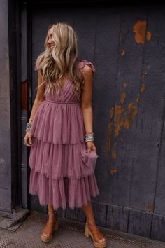 Boho Ballerina Tiered Tulle Dress - Mauve | Three Bird Nest Country Wedding Dresses Guest, Boho Holiday Outfits, Flowy Purple Dress, Layered Dresses, Tiered Tulle Dress, Family Dress, Tulle Straps, Boho Fits, Purple Bridesmaid