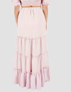 Step out in style with the Paloma! This chic three-tier ruffle long skirt in blush is the perfect addition to any wardrobe—especially for those who love to wow the crowd. The long skirt with its own unique tiers adds an extra fun element to it. Whether you're headed to brunch with your friends, a date or an outdoor get-together, this ensemble is sure to make any event an unforgettable one. Add our matching Paloma top to complete the set! Model is wearing a size small. Imported Machine wash cold, Chic Tiered Maxi Skirt For Summer, Brunch Ruffle Hem Tiered Maxi Skirt, Chic Flowy Tiered Skirt, Brunch Tiered Maxi Skirt With Ruffles, Brunch Tiered Ruffle Maxi Skirt, Tiered Ruffle Maxi Skirt For Brunch, Chic Tiered Gathered Maxi Skirt, Chic Tiered Maxi Skirt With Layered Hem, Chic Tiered Bottoms With Elastic Waistband