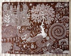 an intricately designed wall hanging with trees and animals on it's side,