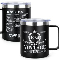 two black and silver coffee mugs with the words vintage aged to perfection written on them