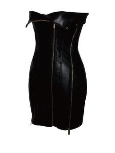 Turn heads in the Annora Black Vegan Leather Mini Dress, a chic statement piece. This strapless mini dress crafted from vegan leather exudes edgy sophistication, featuring gold hardware details and fold-over leather panels at the bust for a sleek look. Fully lined inside, the dress offers three exposed gold zipper closures at the front, allowing for easy wear and adjustable slits at the side zippers. Perfect for casual events, birthdays, nights out, vacations, dinner parties, or any special occa Chic Bodycon Dress With Zipper For Night Out, Luxury Black Strapless Dress, Bodycon Mini Dress With Zipper Closure For Evening, Chic Club Bodycon Dress With Side Zipper, Knee-length Mini Dress With Zipper For Night Out, Chic Club Dress With Zipper Closure, Fitted Strapless Faux Leather Dress, Chic Faux Leather Bodycon Dress For Club, Chic Evening Bodycon Dress With Zipper Closure