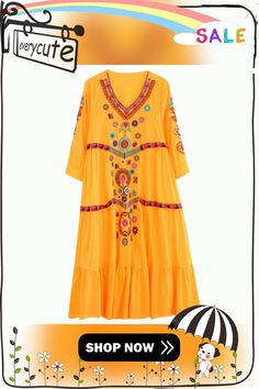 Women Dress Midi Linen Ethnic Floral Embroidery Tunic Beach Boho Holiday Hippie Bohemian Dresses With Multicolor Embroidery For Navratri, Bohemian Dresses With Embroidered Border For Navratri, Bohemian Navratri Dresses With Embroidered Border, Bohemian Embroidered Maxi Dress For Navratri, V-neck Embroidered Dress For Summer, Embroidered V-neck Boho Dress For Vacation, Summer V-neck Embroidered Dress, Summer V-neck Embroidered Dress With Intricate Embroidery, Embroidered Folk Dress For Navratri