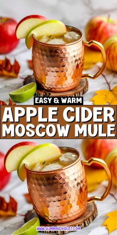 an apple cider moscow mule is served in copper mugs with apples on the side