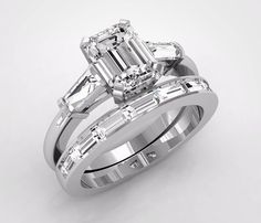 an emerald cut diamond ring with baguettes on the side and matching wedding band