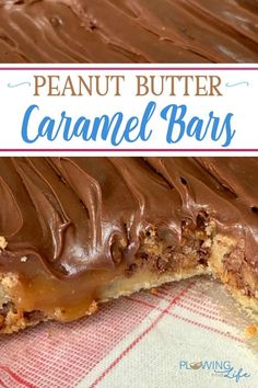 peanut butter caramel bars with chocolate frosting on top