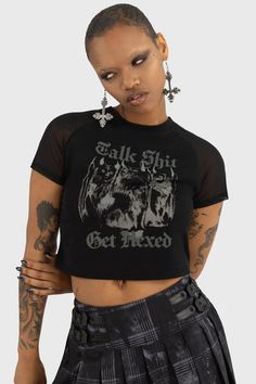 Talk Shit Crop Top Ts4 Crop Top, Cat Crop Top, Crop Top Noir, Punk Outfits, Cropped Tops, Custom Graphics, Goth Outfits, Black Crop Tops, Blazer Coat