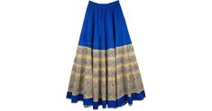 Blue Cotton Crisp Long Skirt - This is a very crisp and long summer long skirt in a tory blue color with Indian khaki panel and a floral block print. A wide full long skirt with a lot of cloth to go around. The high quality long cotton skirt has an elastic waist for flexibility and is half lined. The hemline is accentuated by a golden ribbon. This skirt surely looks beautiful with its golden highlights and the contrast color pattern. Length: 38.5" ; Waist: 26"-34" ; Material: 100% Cotton, half l Traditional Blue Cotton Skirt, Traditional Blue Maxi Skirt, Traditional Blue Lined Skirt, Traditional Blue Flowy Maxi Skirt, Traditional Long Blue Skirt, Traditional Blue Flowy Skirt, Traditional Flowy Blue Skirt, Blue Cotton Maxi Skirt, Long Summer Skirt