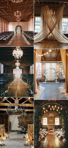 wedding decorations and chandeliers are shown in this collage