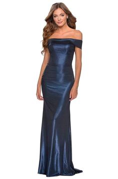 Tailored with straight-across neckline and an off-shoulder sleeves, it is also designed in a folded collar, mid-open back, ruching detail, and back zipper closure. Completing the look is a sheath silhouette skirt, ending in a sweep train. #eveningdresses #elegantdresses #FormalDresses Fitted Prom Dresses, Straight Across Neckline, Prom Dress Stores, Prom Dress Styles, Prom Style, Designer Prom Dresses, Prom Designs, Column Gown, Long Gown