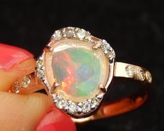 18K Rose Gold Diamond Turquoise Halo Opal Engagement Ring | Etsy Казахстан Unique Wedding Opal Ring, Unique Multi-stone Opal Wedding Ring, Distinctive Multi-stone Opal Ring For Weddings, Unique Multi-stone Opal Ring For Wedding, Turquoise Opal Wedding Ring, Unique Turquoise Wedding Rings, Wedding Ring Halo, Opal Wedding Ring, Art Deco Rose