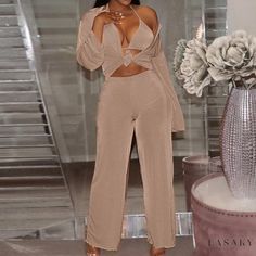 Lasaky - Luxurious Open-Front Blouse and Wide-Leg Pants Outfit Wide Leg Pants Outfit, Leg Pants Outfit, Fall Attire, Flowy Pants, Long Sleeve Print Dress, Three Piece Suit, Long Sleeve Short Dress, Pant Length, Stretch Leggings