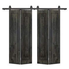 an open wooden door with metal bars on the top and bottom, in front of a white background