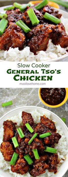 slow cooker general tso's chicken served over rice with green onions on the side