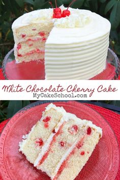 a white chocolate cherry cake on a red plate with one slice cut from the cake