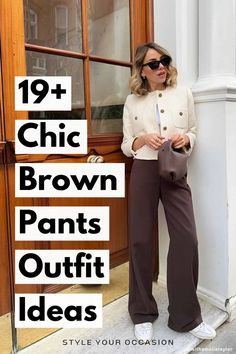 How to Style Brown Pants: 19+ Chic Brown Pants Outfit Ideas. Wondering what to wear with brown pants? You'll love these 19+ chic and modern brown pants outfit ideas for spring, summer, fall, and winter! We have outfit ideas for chocolate, dark, coffee, and wide leg brown pants, perfect for work, casual days, leggings, and more. Fall style, fall outfits. Styling Dark Brown Pants, Dark Brown Wide Leg Pants Outfit, Brown Pleated Pants Outfit, How To Wear Brown Pants, Chocolate Brown Pants Outfit For Work, Chocolate Outfit Ideas, Chocolate Pants Outfit, Wide Leg Brown Pants Outfit, What To Wear With Brown Pants