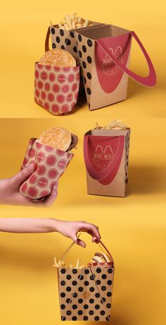 a person holding a paper bag with polka dots on it and another hand reaching out