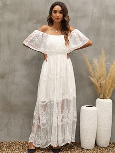 Description：BerriesJam - Off Shoulder Lace See-through Maxi Dresses Brand: Berries Jam Update: 2023 Age: 18-45 Season: Summer Category: Dress Style: Elegant Occasion: Work & Vocation Fabric: Synthetics White Bohemian, Bardot Dress, Sheer Skirt, Lace Dresses, Lace Fashion, Crop Top Blouse, Cutout Dress, Cami Dress, Pure Color