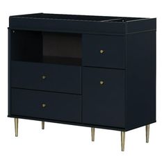 a black cabinet with two drawers and three brass legs on the bottom one drawer is open