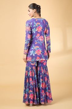 Purple kurta with floral print and aari and zardosi embroidery. Paired with coordinating sharara. - Aza Fashions Sharara For Women, Kurta With Sharara, Zardosi Embroidery, Silk Organza, Aza Fashion, Full Sleeve, Hand Embroidery, Types Of Sleeves, Custom Made