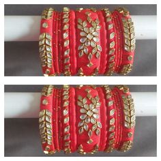 Hello lovely people, thank you for stopping by my shop.  Handmade!! colours can be customised!! Yes I'm posting another set of art silk thread bangles in red totally handmade! This is absolutely an stunning piece of art. It's loaded with kundan embellishments and to enhance the beauty, dotted metal bangles wrapped in red art silk thread are added. Each set consists of 13 bangles. You will receive total 26 bangles which is two sets.  Beautifully made to suit your attire and surely can make a brid Luxury Red Hand Set Bangle, Bangle Stack, Silk Bangles, Metal Bangles, Gold Jewellry, Silk Thread Bangles, Thread Bangles, Hello Lovely, Red Art