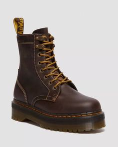 Jadon Boot Arc Crazy Horse Platforms in Brown | Dr. Martens Brown Dr Martens, Jadon Boots, Dr Martens Jadon, Fur Accessories, Shoe Brushes, Horse Boots, Tripp Nyc, Goodyear Welt, Crazy Horse