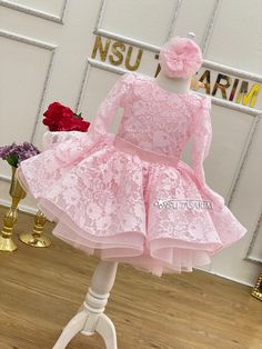 Princess Style Lace Dress For Dress-up, Pink Lace Dress For Wedding, Pink Long Sleeve Dress With Lace Bodice, Pink Long Sleeve Pageant Dress, Elegant Pink Pageant Dress, Elegant Long Sleeve Pink Princess Dress, Pink Lace Tutu Dress For Baptism, Spring Princess Dress With Lace Sleeves, Pink Princess Dress With Lace Patchwork