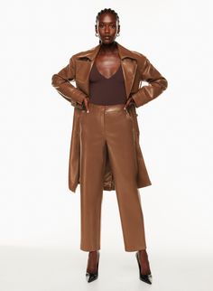 COMMAND PANT | Aritzia Melina Pants, Vegan Leather Pants, Olive Skirt, Velour Pants, Aritzia Pants, Leather Pant, Tapered Trousers, Evening Outfits, Striped Leggings