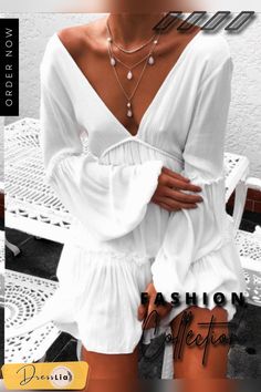 Women Fashion Deep V-neck Long Sleeve Dress Backless White Dress Casual Beach Mini Dress Backless White Dress, White Dress Casual, White Backless Dress, Beach Mini Dress, Dress Backless, Casual White Dress, Fashion Materials, Deep V Neck, Sleeve Dress