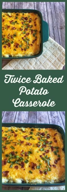 two images of baked potato casserole on a wooden table