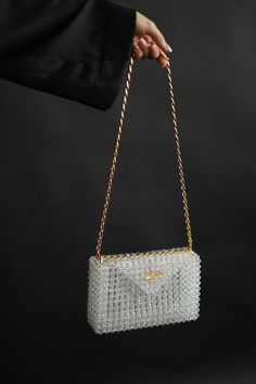 White Beaded Bag, Elegant Clear Square Bag, Crystal Handheld Bag For Gift, Crystal Handheld Bags For Gifts, Handheld Crystal Bag For Gift, Chic Crystal Evening Bag For Weddings, Luxury White Square Evening Bag, Clear Clutch Bag For Formal Occasions, Formal Clear Clutch Bag