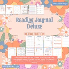 the reading journal deluxe is shown in front of an orange and pink background with flowers