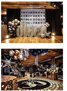 two pictures of a party room with balloons and disco balls on the dancefloor