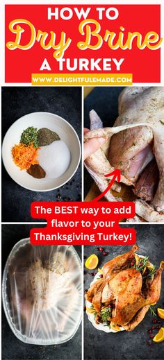 Turkey dry brine in a bowl, brine rub going on turkey, turkey covered in a pan, and roasted turkey garnished on a platter. Turkey Fruit Platter, Brine Turkey, Dry Brine Turkey, Dry Brine, Thawing Turkey, Turkey Brine, Frozen Turkey, Brine Recipe