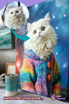 a white cat wearing a colorful sweater next to a cup with a candle in it