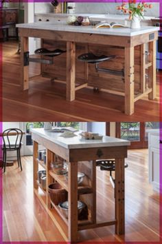 two pictures of the same kitchen island in different stages of being used as a dining room table