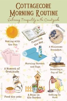 Discover the beauty of a peaceful morning routine in the countryside! From waking with the sun to savoring herbal tea and enjoying the garden, this cottagecore-inspired routine invites you to slow down and connect with nature. Get inspired to create your own tranquil mornings filled with gratitude, yoga, and wholesome breakfasts. 🌼🍃✨ Tea To Wake Up, Cottagecore Bohemian Aesthetic, Cottagecore Morning Routine, Happy Home Aesthetic, Cottagecore Routine, Slowing Down Aesthetic, Tea Garden Aesthetic, Things To Do In The Morning, Cottagecore Morning