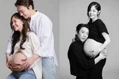 two people are hugging and one is pregnant