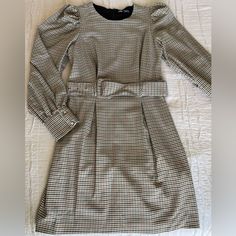 Brand New Never Worn Dressy Belted Fall Dress, Dressy Belted Dress For Fall, Chic Cream Mini Dress For Fall, Fall Beige Belted Dress, Chic Lined Dresses For Fall, Fall Lined Knee-length Mini Dress, Fall Knee-length Lined Mini Dress, Lined Dresses For Day Out In Fall, Lined Dresses For Fall Day Out