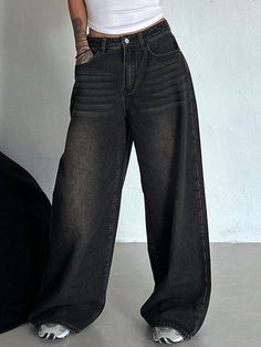 Autumn New Korean Fashion Washed Distressed Wide Leg Women Baggy Jeans Black Casual   Denim Plain Straight Leg Non-Stretch  Women Clothing, size features are:Bust: ,Length: ,Sleeve Length: Black Jeans Oversize, Korean Baggy Jeans, Dark Baggy Jeans, Black Oversized Jeans, Very Baggy Jeans, Baggy High Waisted Jeans, Black Jeans Baggy, Baggy Black Pants, Black Tomboy