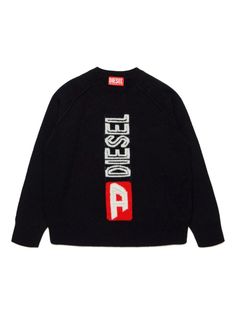 black wool knitted construction intarsia-knit logo round neck short sleeves straight hem Modern Black T-shirt For Fall, Black Logo Sweater For Fall, Casual Black Sweater With Logo, Black Sweater With Logo For Streetwear, Black Logo Sweater For Streetwear, Black Crew Neck Top With Logo Detail, Casual Black Sweater With Logo Detail, Black Jacquard Knit Tops For Winter, Black Knit Tops For Streetwear