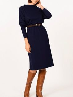 Fall A-line Lady Crew Neck Long Sleeve Date Dresses Midi Dresses For Women, Long Sleeve Dress Formal, Office Outfits Women, Date Dresses, Knee Sleeves, Exclusive Fashion, Loose Dress, Unique Designers, Types Of Dresses