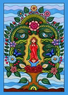 an image of the virgin mary on a tree with flowers and leaves in blue background