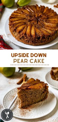 upside down pear cake on a white plate with apples in the background and text overlay that reads upside down pear cake