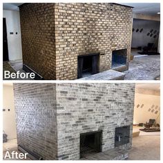 before and after pictures of a brick fireplace